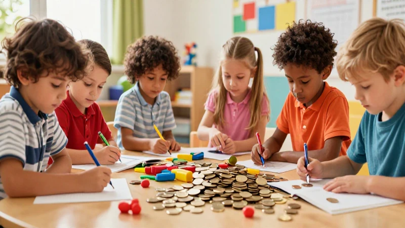 Ilustración vibrante de niños aprendiendo a contar con monedas