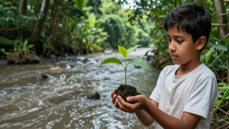 Joven estudiante y planta contra río contaminado