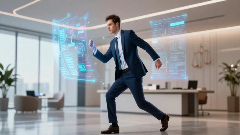 Abogado futurista en oficina minimalista con datos holográficos