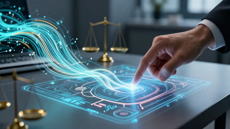 Mano interactúa con diagrama holográfico de justicia