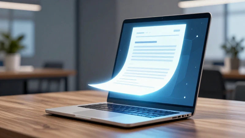 Laptop moderna con documento etéreo brillante