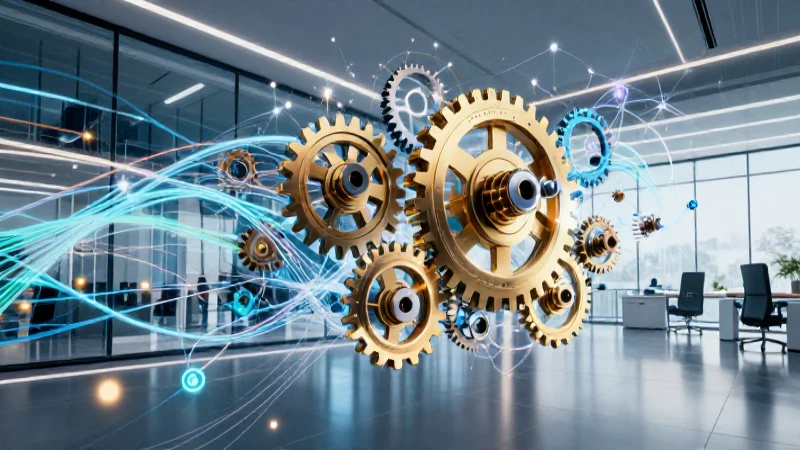 Proceso administrativo: etapas, importancia y su impacto 4 Engranajes de datos hiperrealistas en oficina moderna