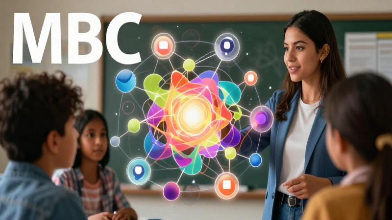 Joven docente guía estudiante en red conceptual luminosa