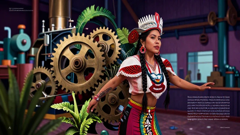 Ilustración conceptual de engranajes y cultura mexicana