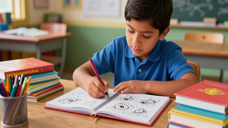 Estudiante organiza material educativo vibrante en detalle