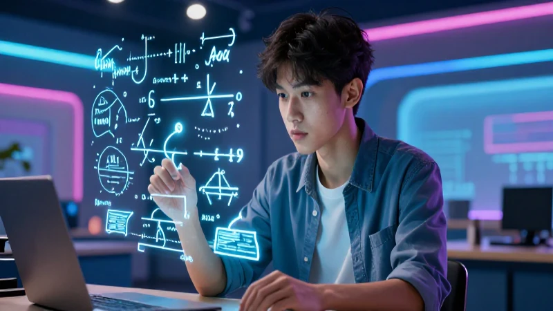 Joven estudiante concentrado con matemáticas vibrantes