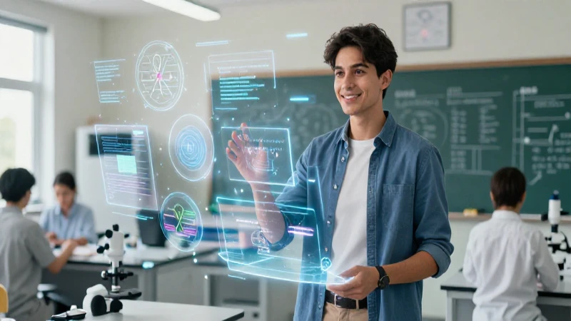 Educador moderno con datos holográficos en laboratorio