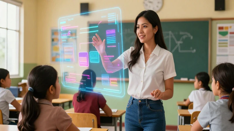 Profesorado: definición, concepto y su importancia educativa 7 Maestra mexicana moderna interactúa con interfaz holográfica