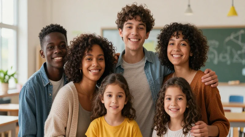 Familia diversa en moderno ambiente escolar vibrante