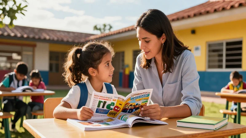 Maestra guía a estudiante en ambiente moderno