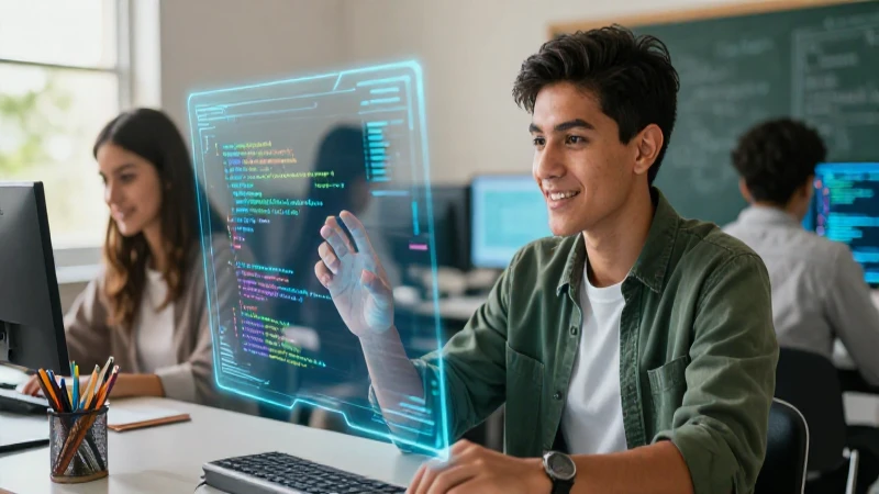 Joven programador interactúa con interfaz futurista