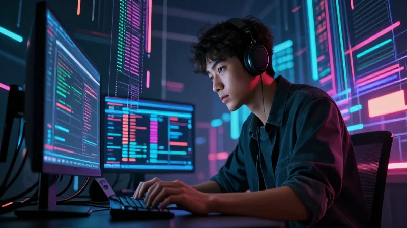 Programadores Jóvenes: Impulsando el Futuro Tecnológico 5 Programador concentrado en interfaz digital vibrante