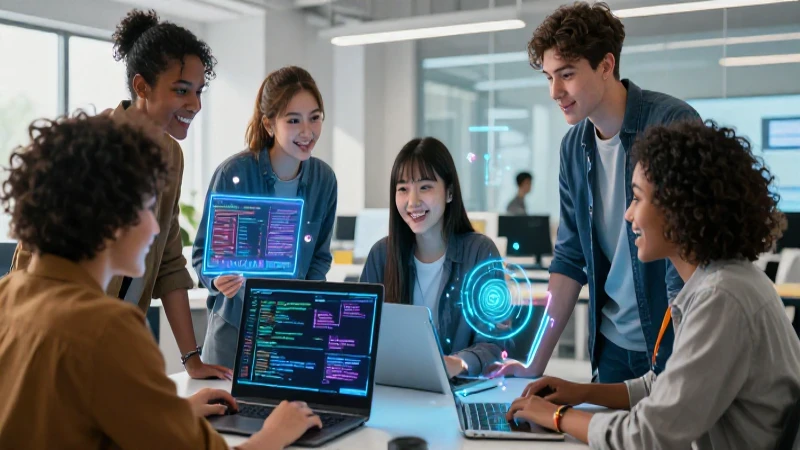 Programadores Jóvenes: Impulsando el Futuro Tecnológico 6 Jóvenes programadores creando en un centro moderno