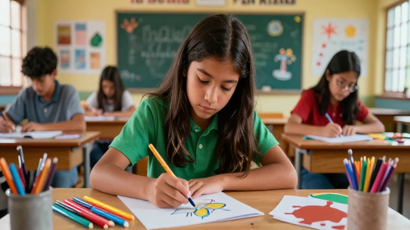 Estudiante de arte vibrante y enfocado en un aula moderna