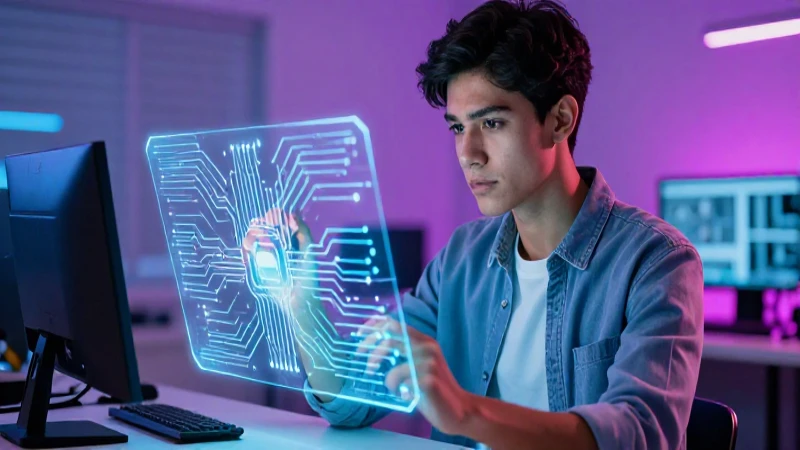 Joven mexicano enfocado en planos holográficos
