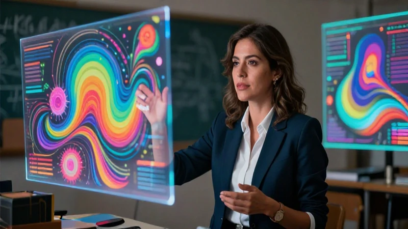 Educadora mexicana con datos holográficos abstractos