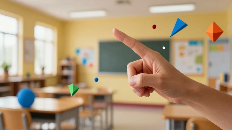Manos y formas geométricas coloridas flotando en aula