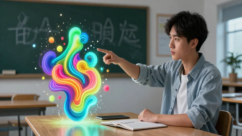 Estudiante profesional señala formas abstractas vibrantes