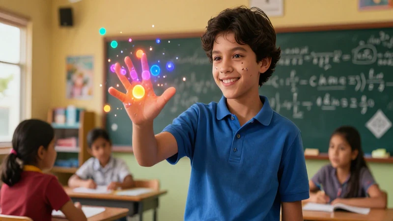 Joven sonriente estudia gramática mágica en aula moderna