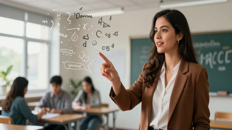 Maestra guía con símbolos abstractos en clase