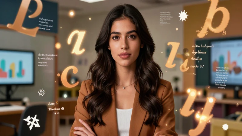 Mujer latina confiada con elementos educativos abstractos