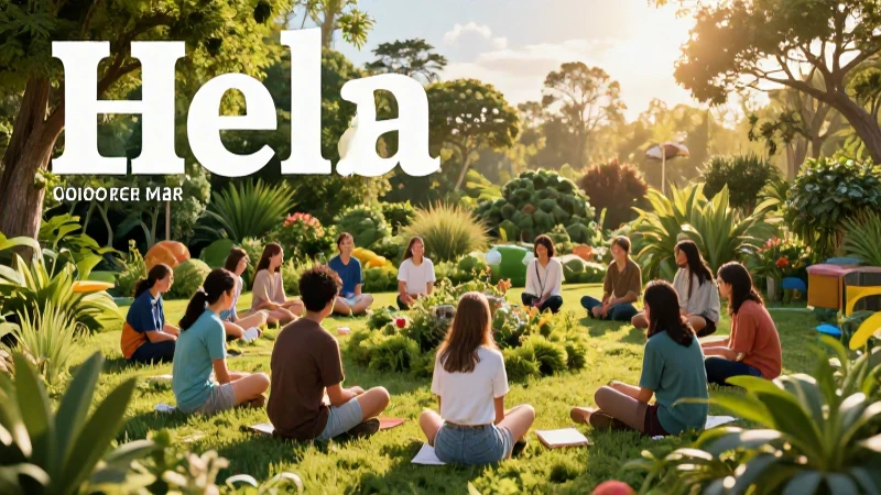 Comunidad educativa en jardín vibrante al atardecer