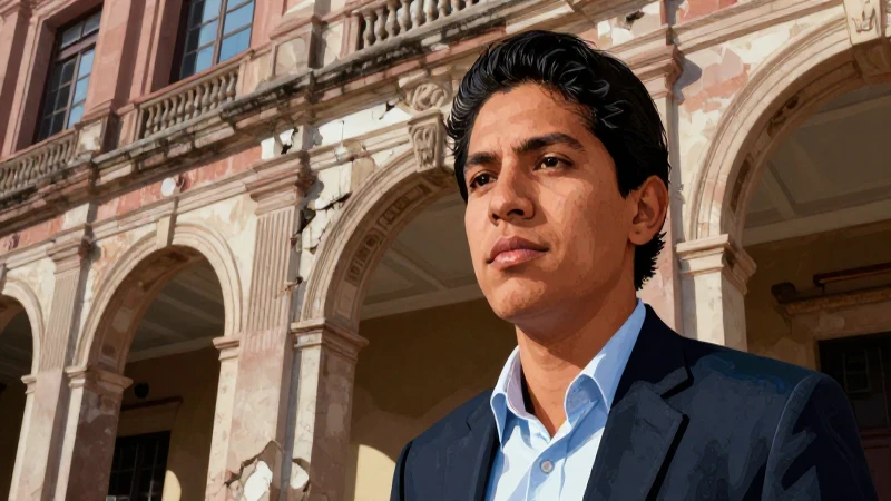 Docente mexicano en ruinas con iluminación dramática