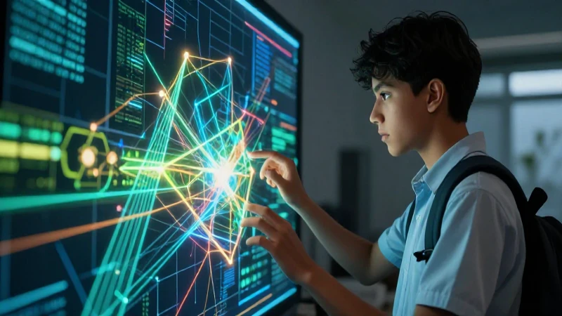 Estudiante explora datos abstractos en estilo educativo moderno