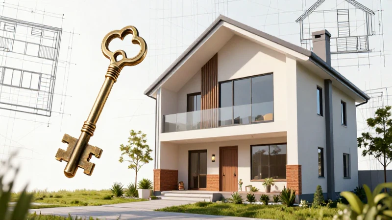 Casa moderna con clave estilizada y fondo geométrico