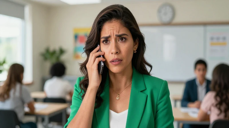 Madre mexicana preocupada en entorno educativo profesional