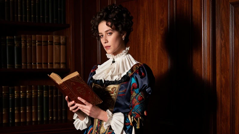 Elegante retrato victoriano en biblioteca