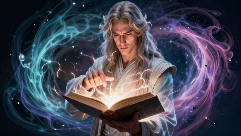 Sabio interactúa con libro luminoso en entorno épico