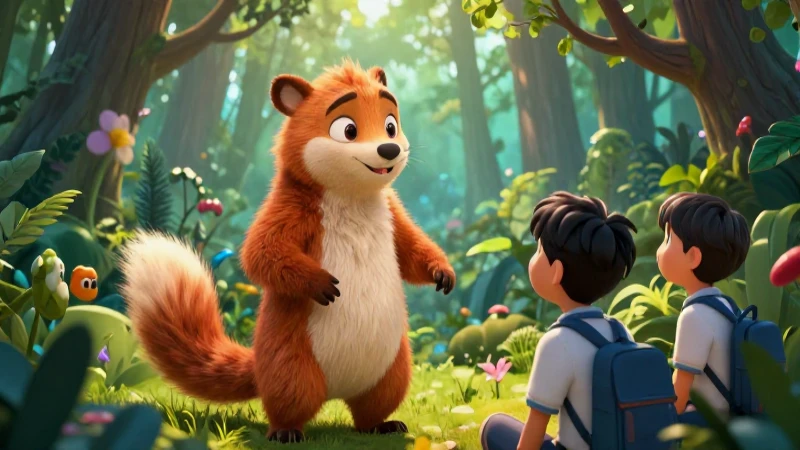 Ilustración pulida de animal y estudiante en bosque mágico