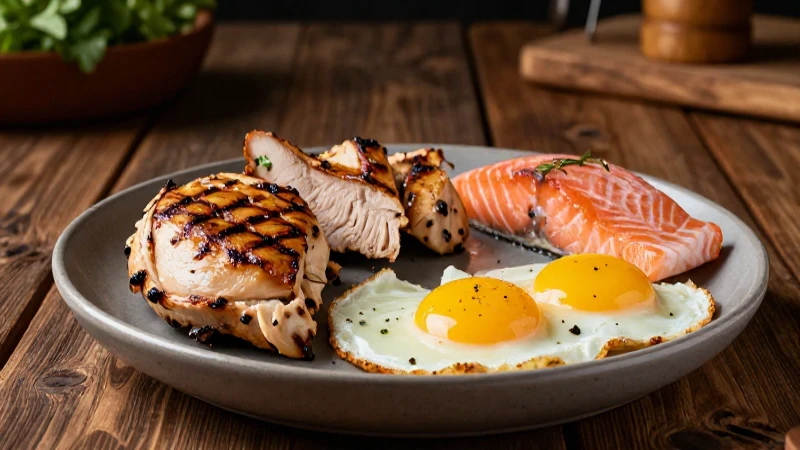 Proteínas Ejemplos: 20 Fuentes Para Una Alimentación Sana 4 Proteína magra deliciosa en mesa rústica educativa