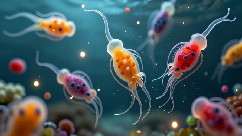 Microorganismos coloridos nadando en gotas de agua