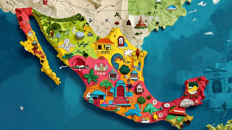 Conoce las provincias de México: guía completa y actualizada 3 Mapa mexicano estilizado vibrante con cultura y calidad