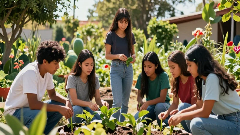 Jóvenes mexicanos colaboran en un jardín comunitario vibrante