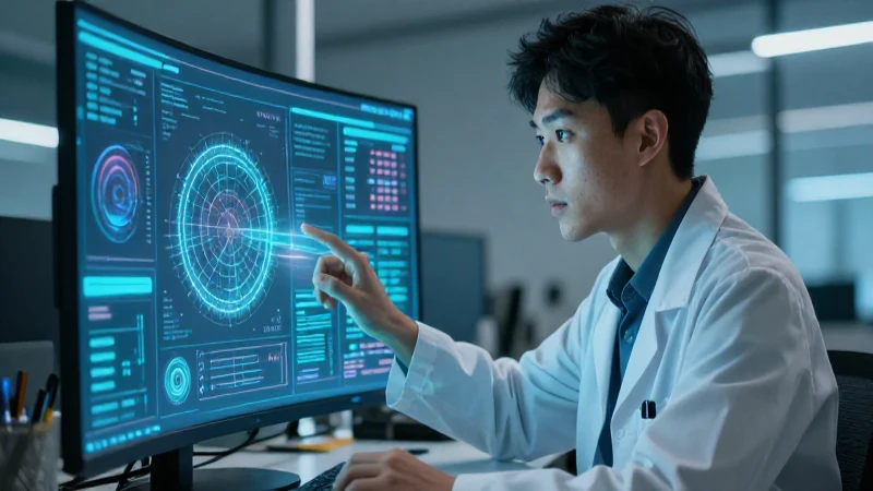 Investigadora concentrada con datos digitales en entorno moderno