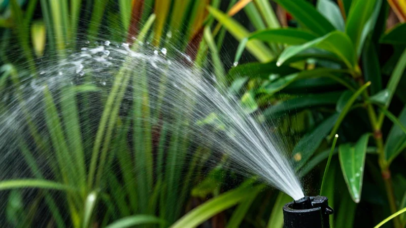 Plantas tropicales vibrantes con riego por goteo detallado