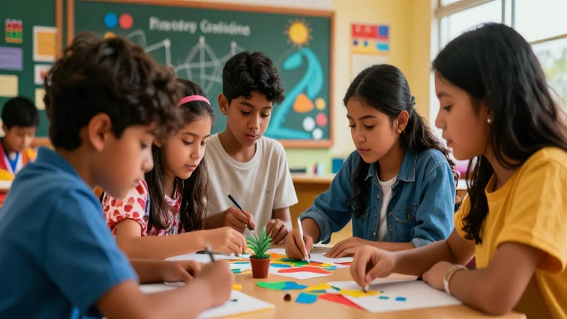Aula mexicana vibrante, alumnos colaborando en proyecto comunitario