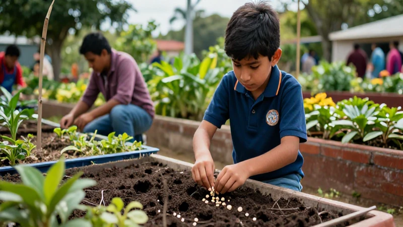Guía paso a paso para crear un jardín electoral en la nueva escuela mexicana 5 Estudiante mexicano planta semillas en jardín educativo vibrante