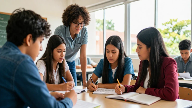 Estudiantes mexicanos colaboran en un aula moderna y vibrante