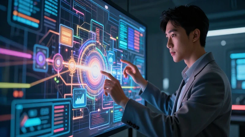 Joven profesional interactúa con matriz digital y proyecciones