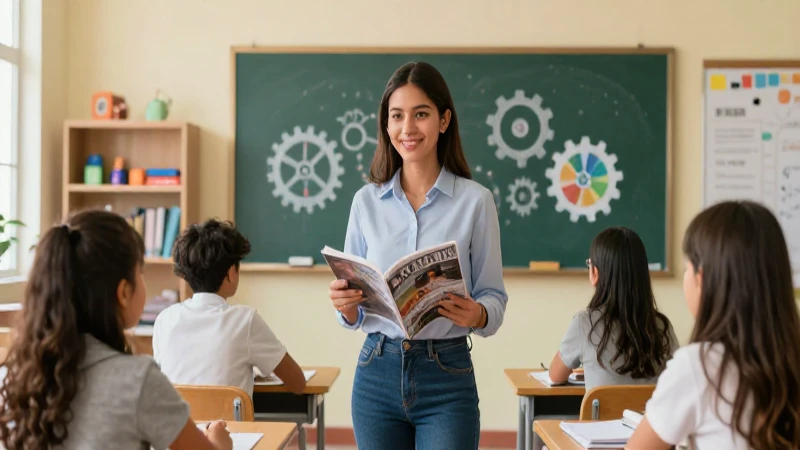 Educadora moderna en clase con simbolismo de crítica