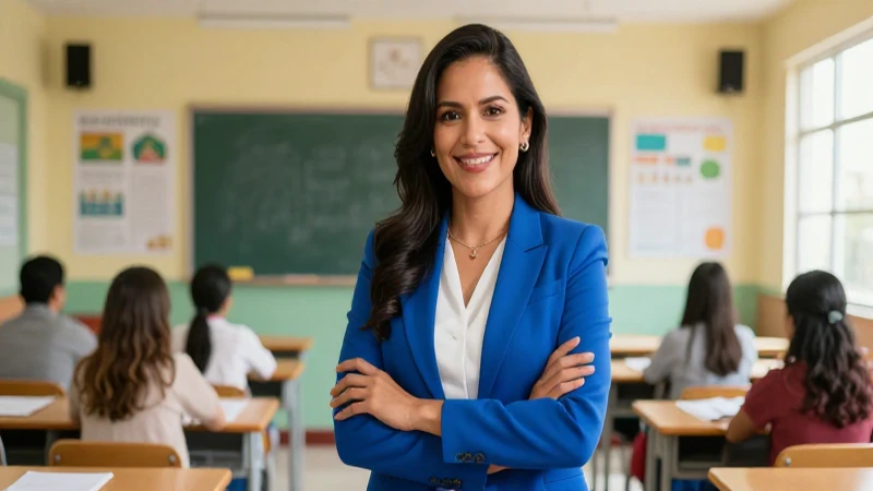 Maestra mexicana sonriente en aula moderna y vibrante