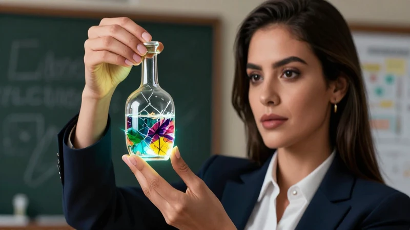 Profesora sofisticada sosteniendo un frasco brillante