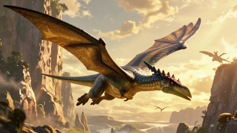 Pterodáctilos: Definición, características y concepto clave 6 Pterodáctilo volador en dramático entorno mesozoico