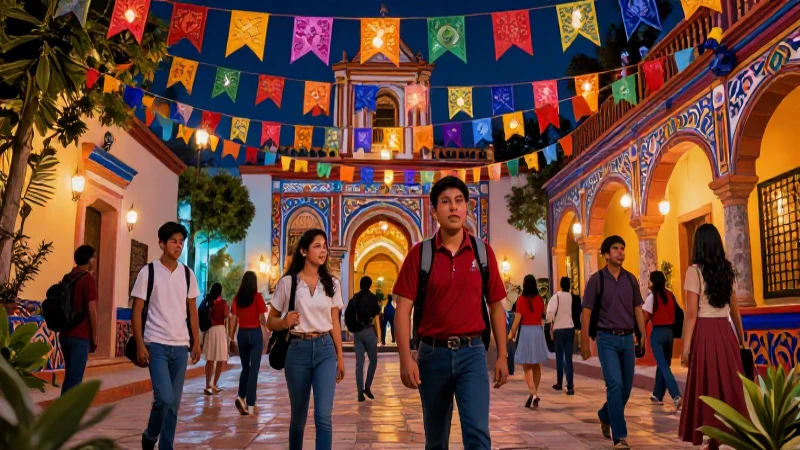 Vibrante escena mexicana de estudiantes y festividad