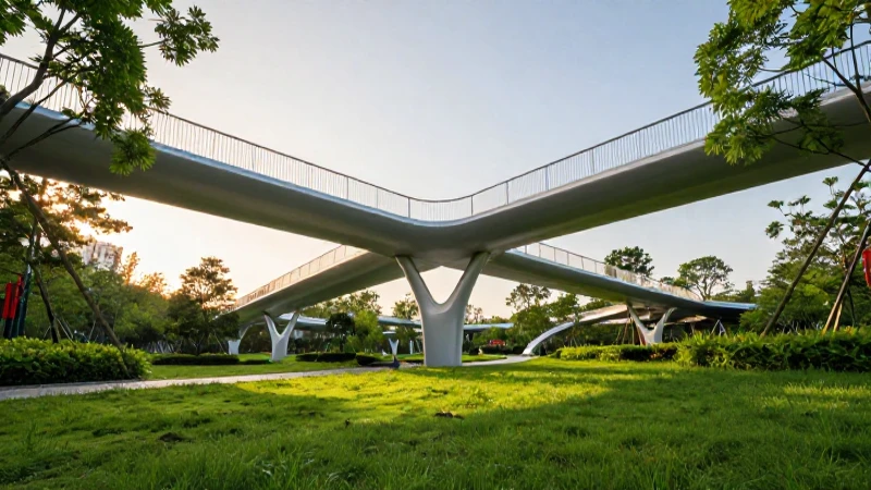 Puente peatonal: definición, estructura y conceptos claves 5 Puente moderno en parque urbano al atardecer
