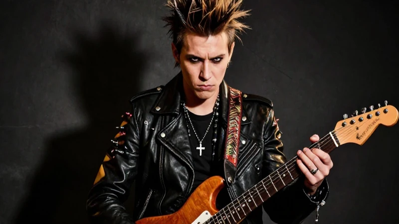 Retrato punk audaz con guitarra y luces dramáticas